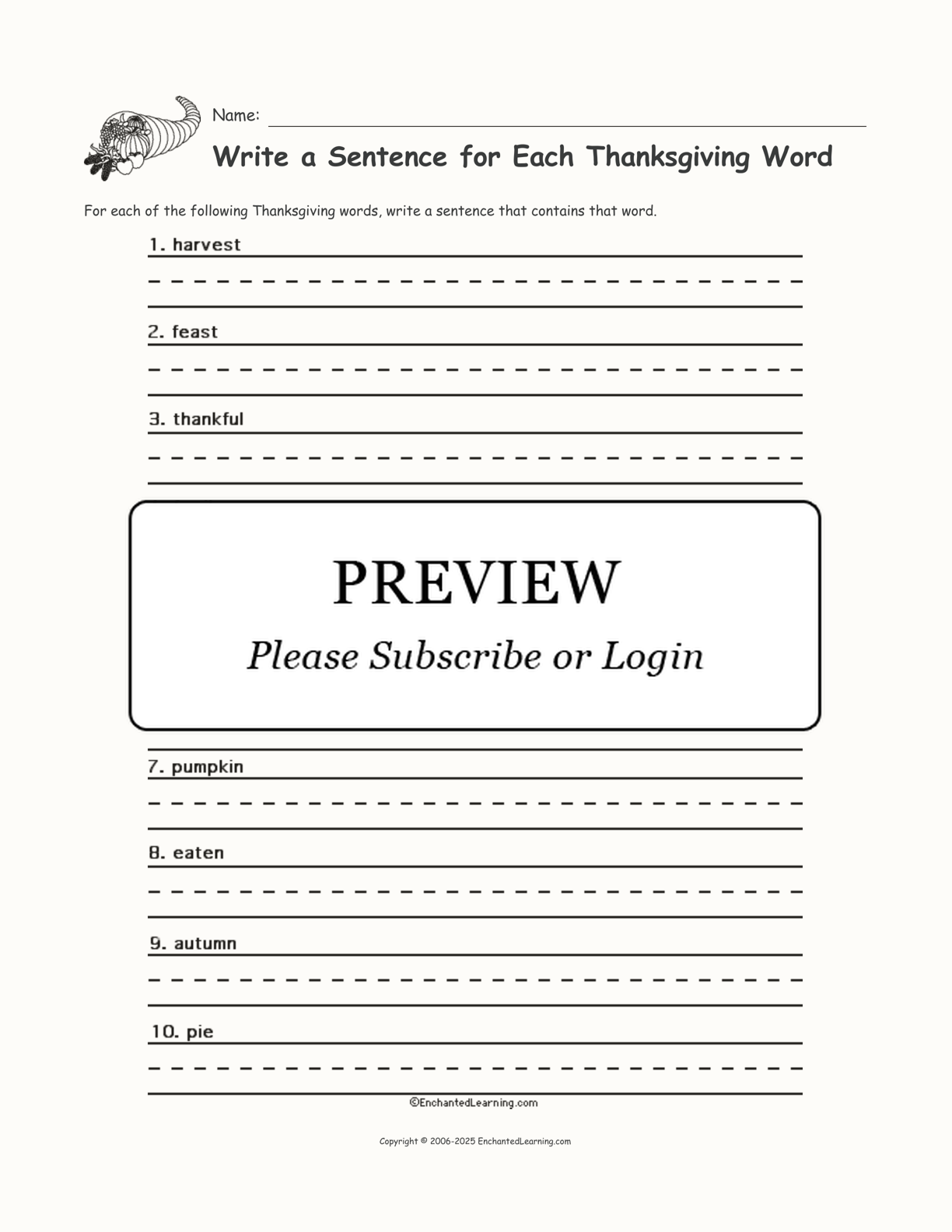 Write A Sentence For Each Thanksgiving Word Enchanted Learning