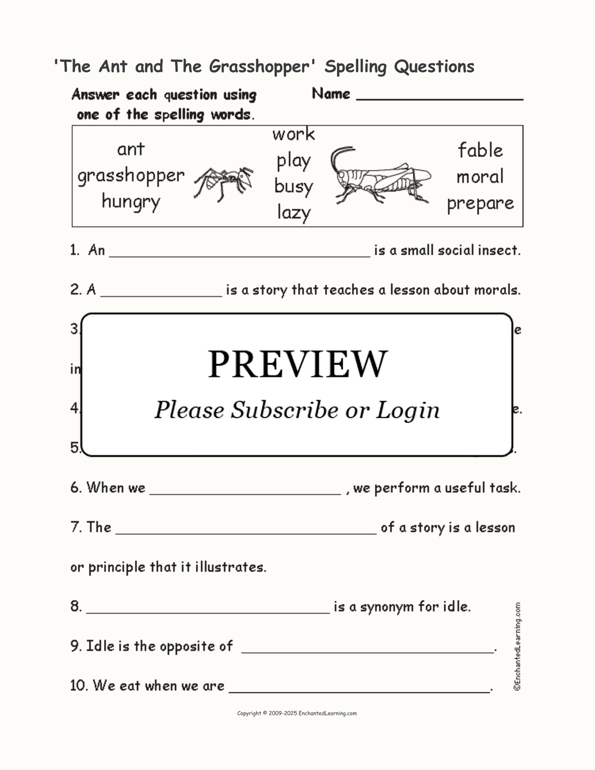 'The Ant and The Grasshopper' Spelling Questions interactive worksheet page 1