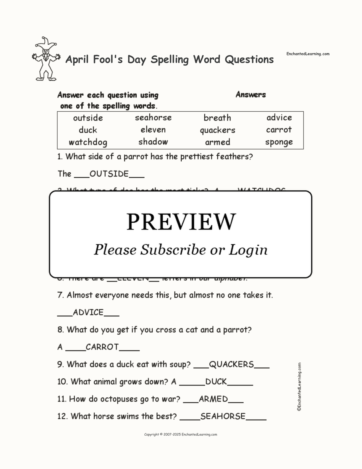 April Fool S Day Spelling Word Questions Enchanted Learning