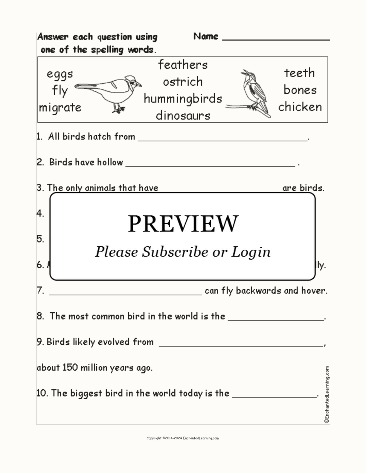 Bird Spelling Word Questions interactive worksheet page 1