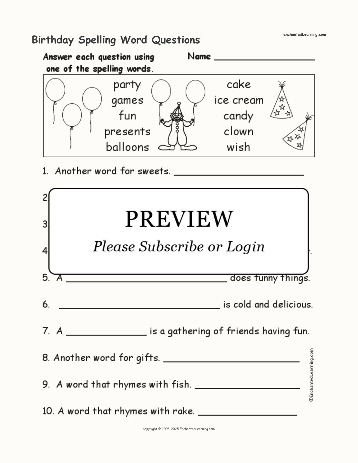 Birthday Spelling Word Questions interactive worksheet page 1