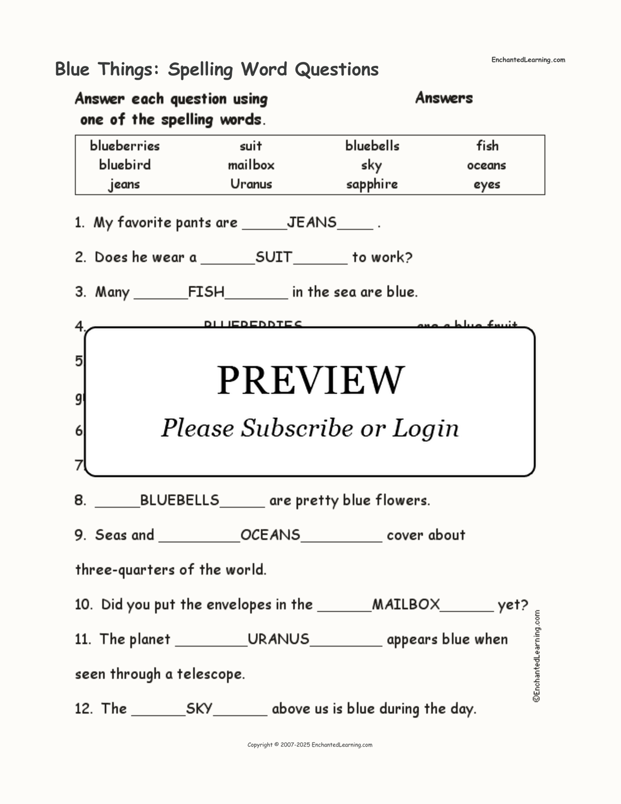 Blue Things: Spelling Word Questions interactive worksheet page 2