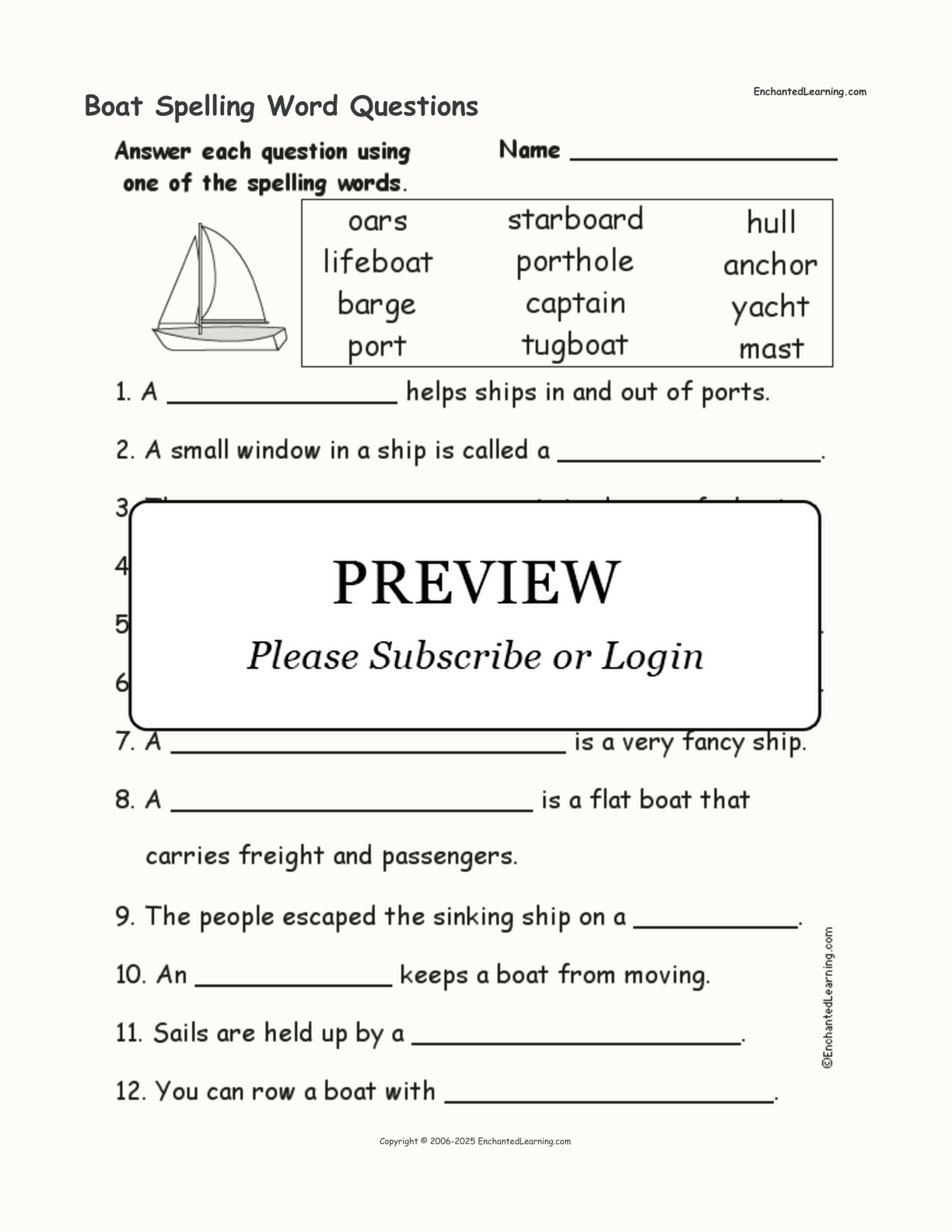 Boat Spelling Word Questions interactive worksheet page 1