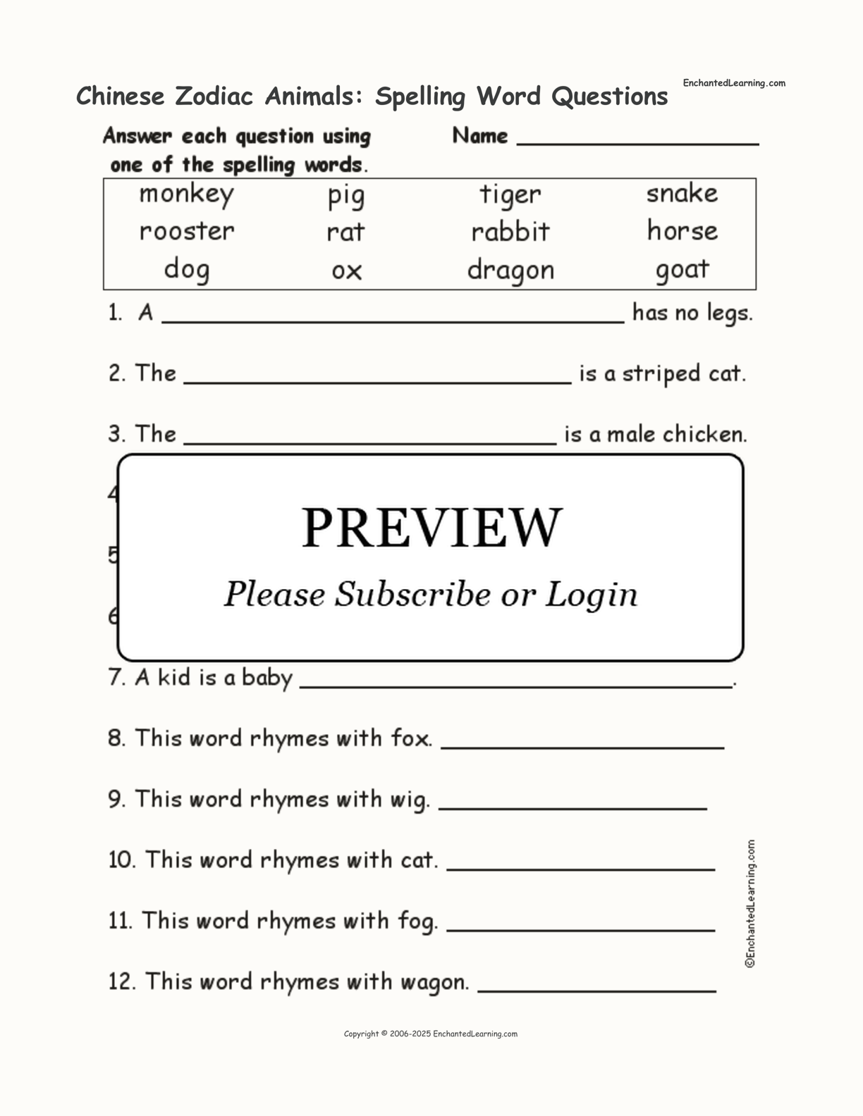 Chinese Zodiac Animals: Spelling Word Questions interactive worksheet page 1