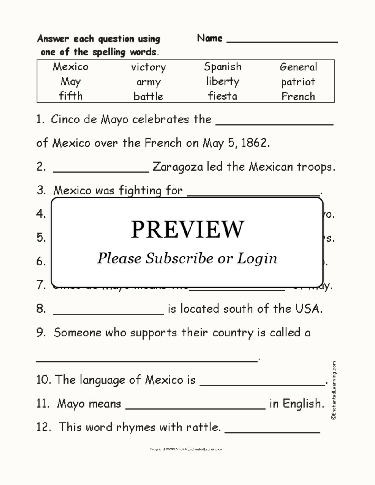 Cinco de Mayo Spelling Word Questions interactive worksheet page 1