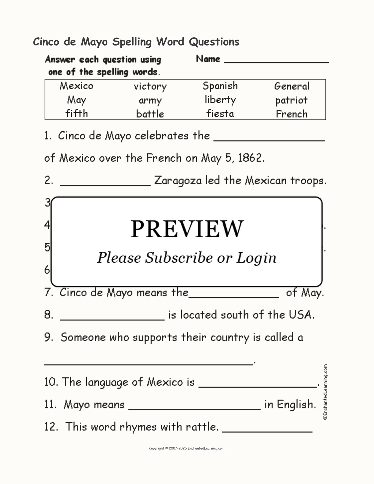 Cinco de Mayo Spelling Word Questions interactive worksheet page 1