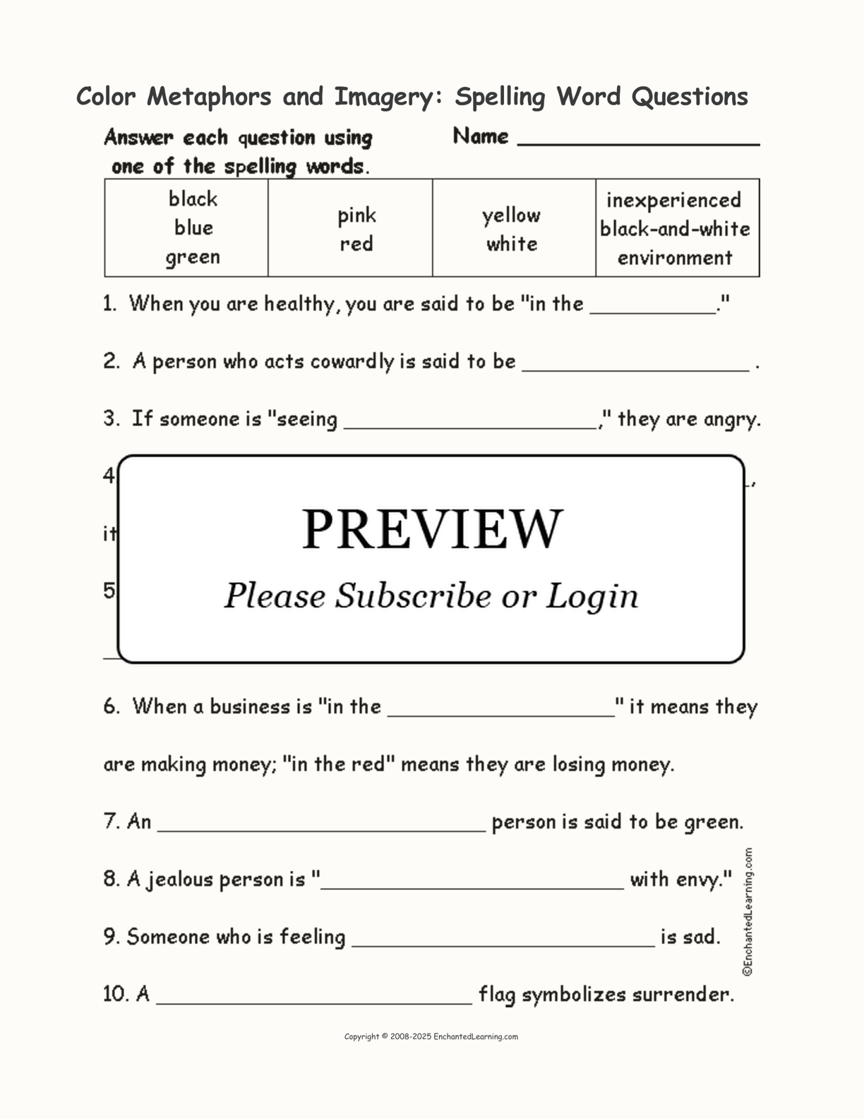 Color Metaphors and Imagery: Spelling Word Questions interactive worksheet page 1