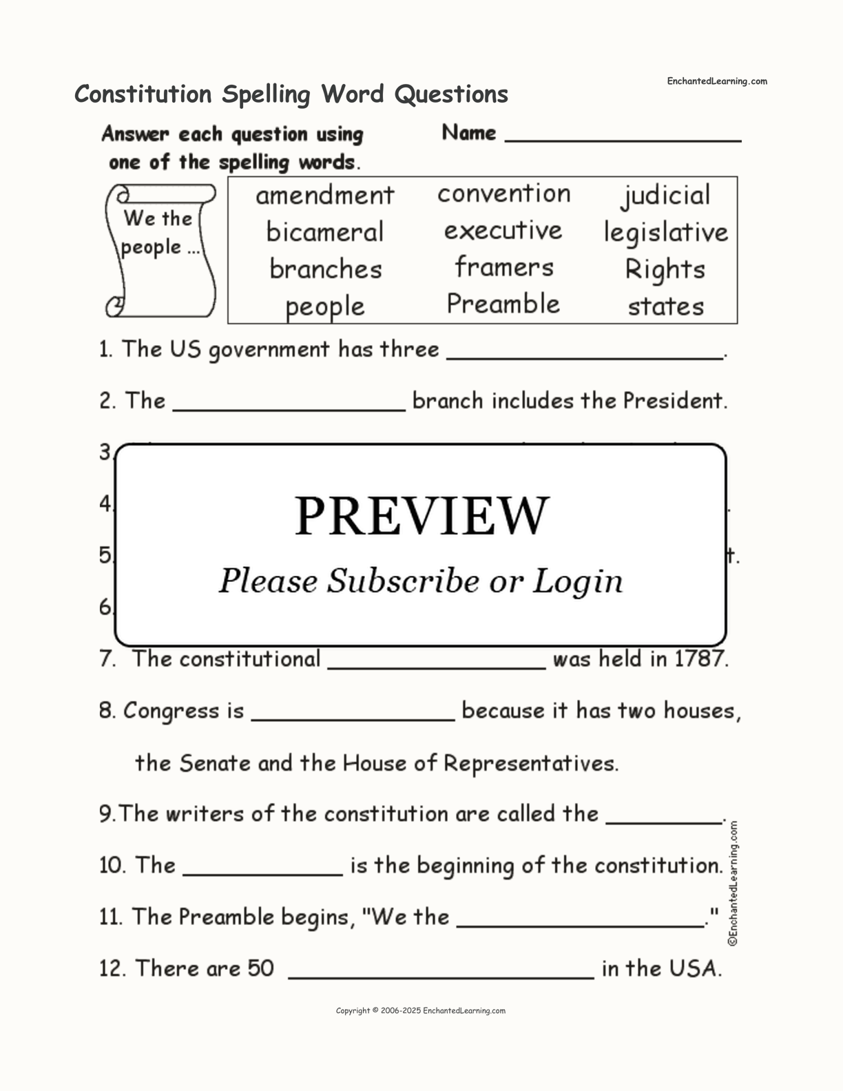 Constitution Spelling Word Questions interactive worksheet page 1