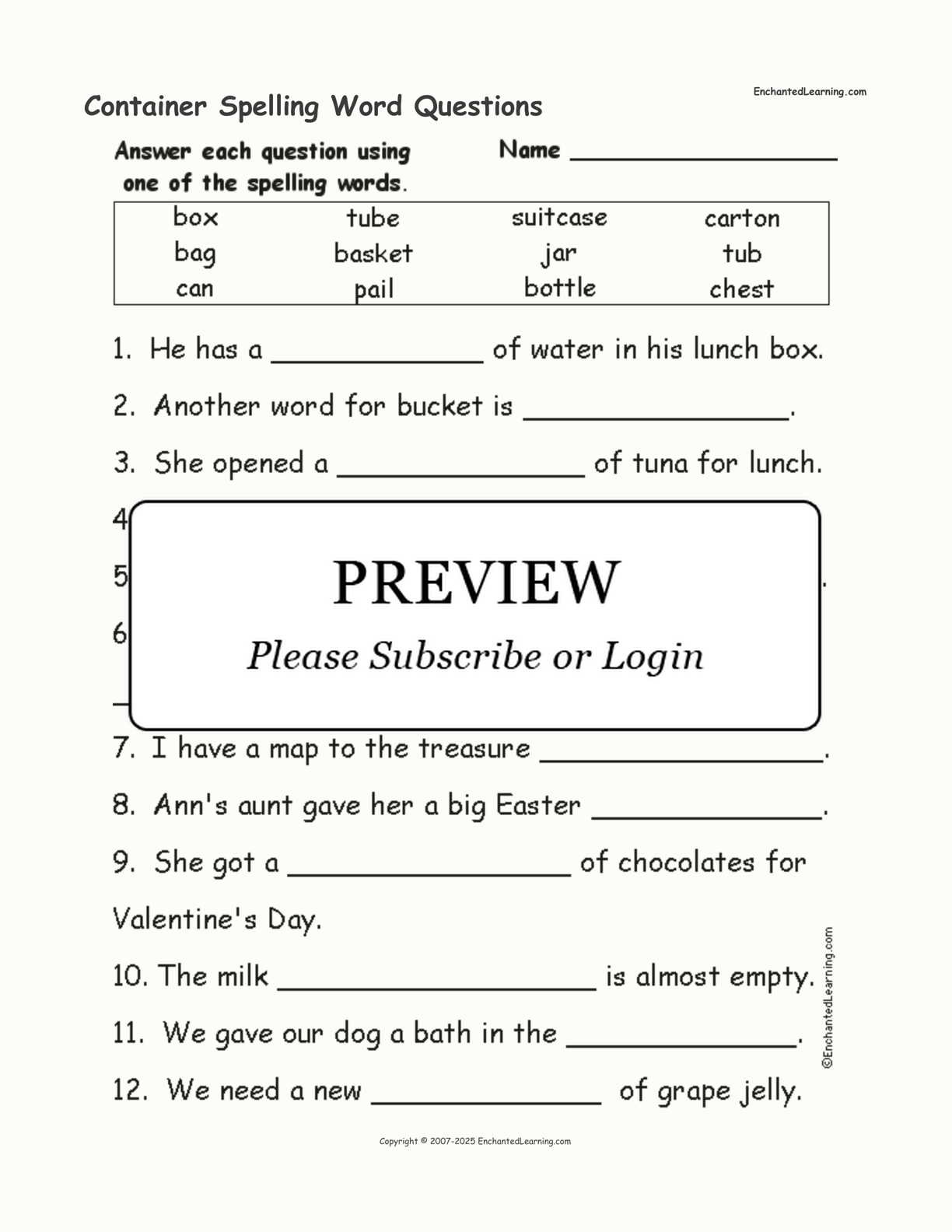 Container Spelling Word Questions - Enchanted Learning