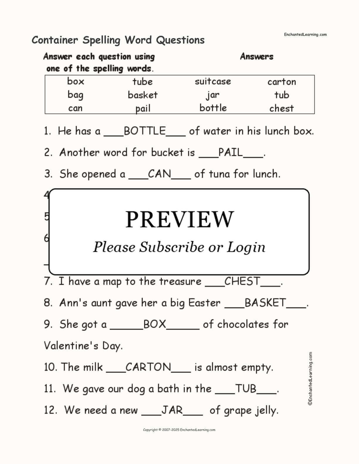 Container Spelling Word Questions - Enchanted Learning