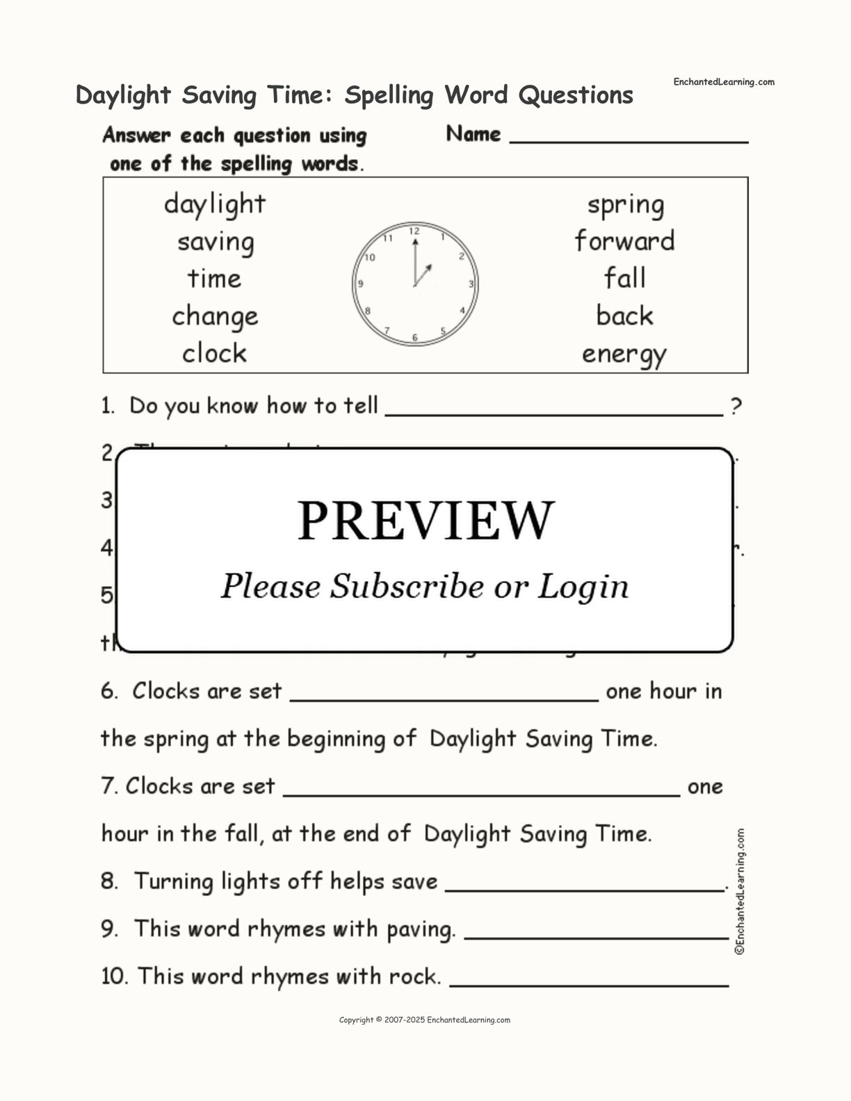 Daylight Saving Time: Spelling Word Questions interactive worksheet page 1