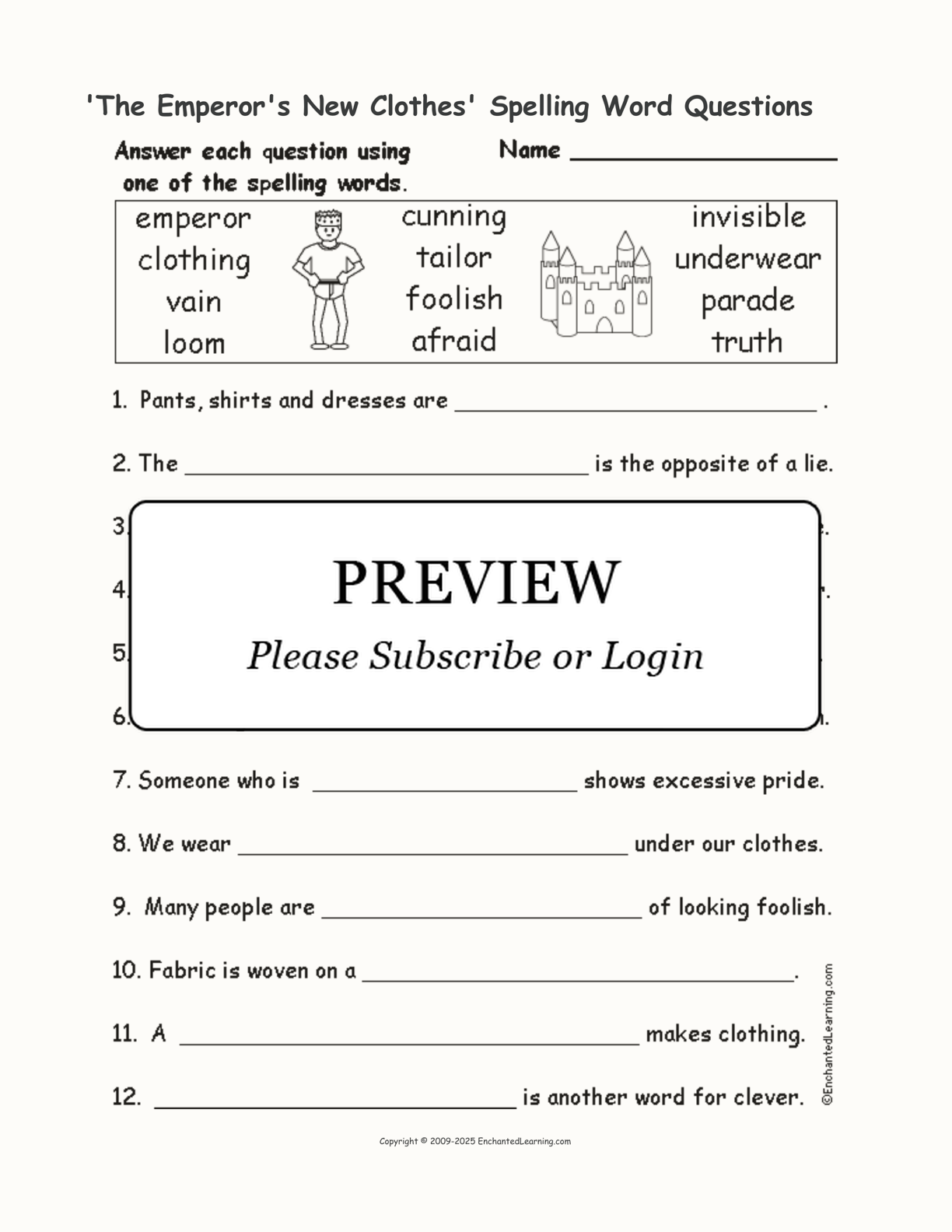 'The Emperor's New Clothes' Spelling Word Questions interactive worksheet page 1