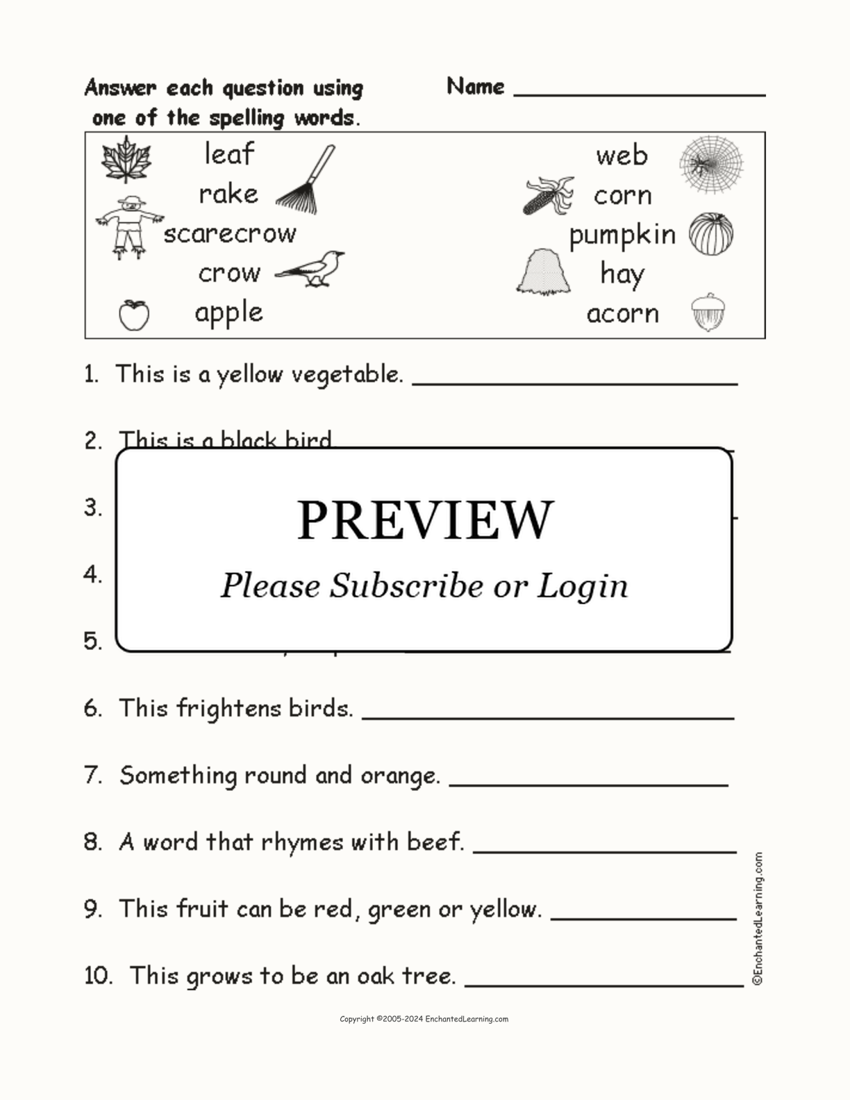 Fall Spelling Word Questions interactive worksheet page 1