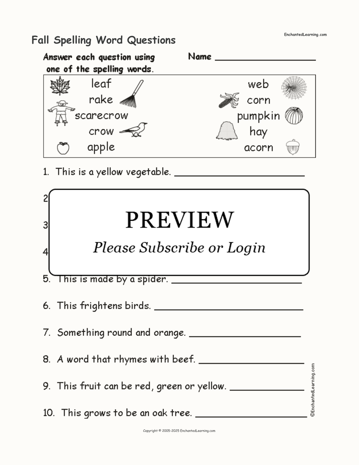 Fall Spelling Word Questions interactive worksheet page 1