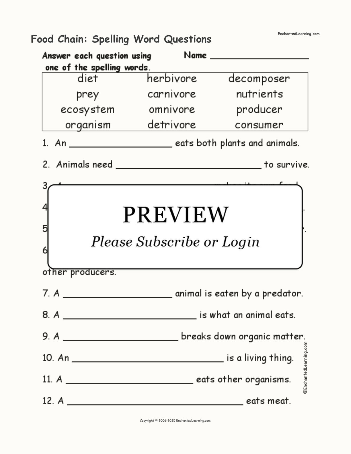 Food Chain: Spelling Word Questions interactive worksheet page 1