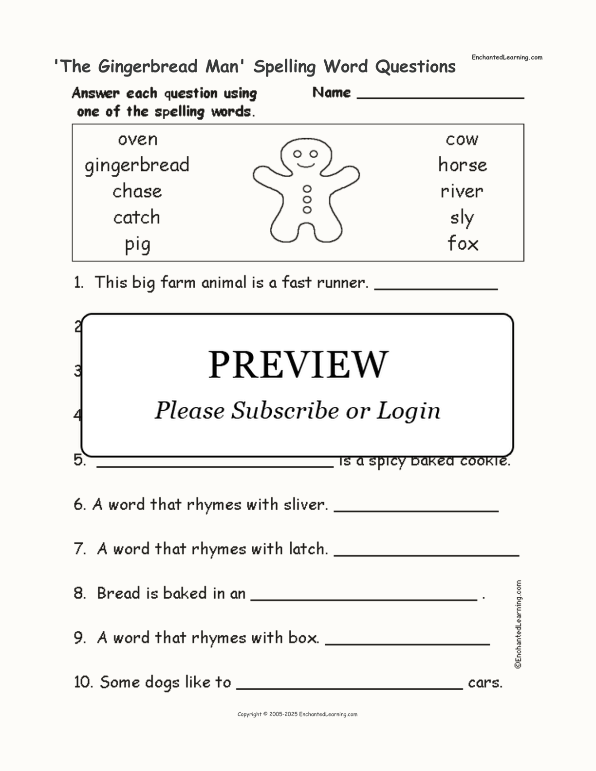 'The Gingerbread Man' Spelling Word Questions interactive worksheet page 1