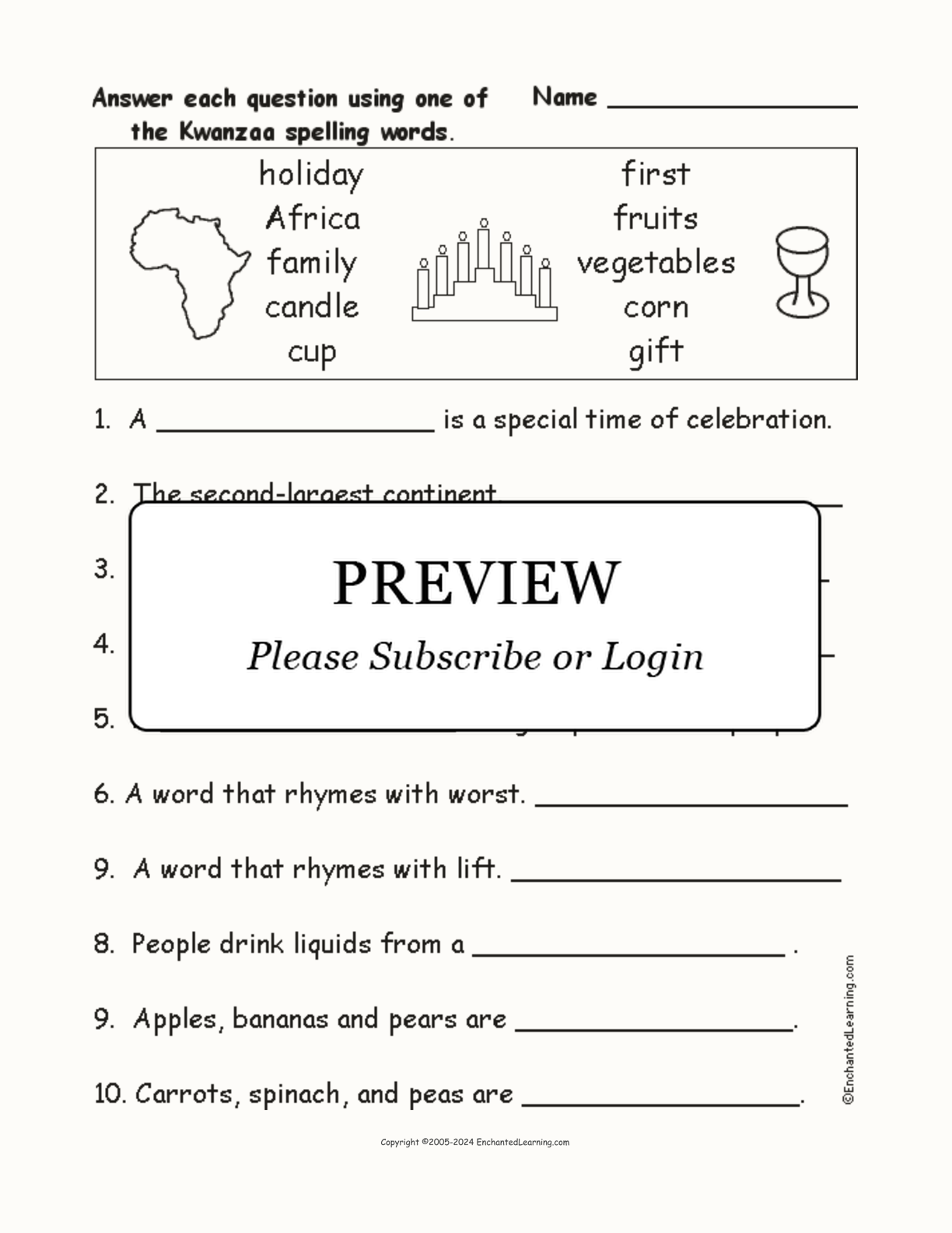 Kwanzaa Spelling Word Questions interactive worksheet page 1