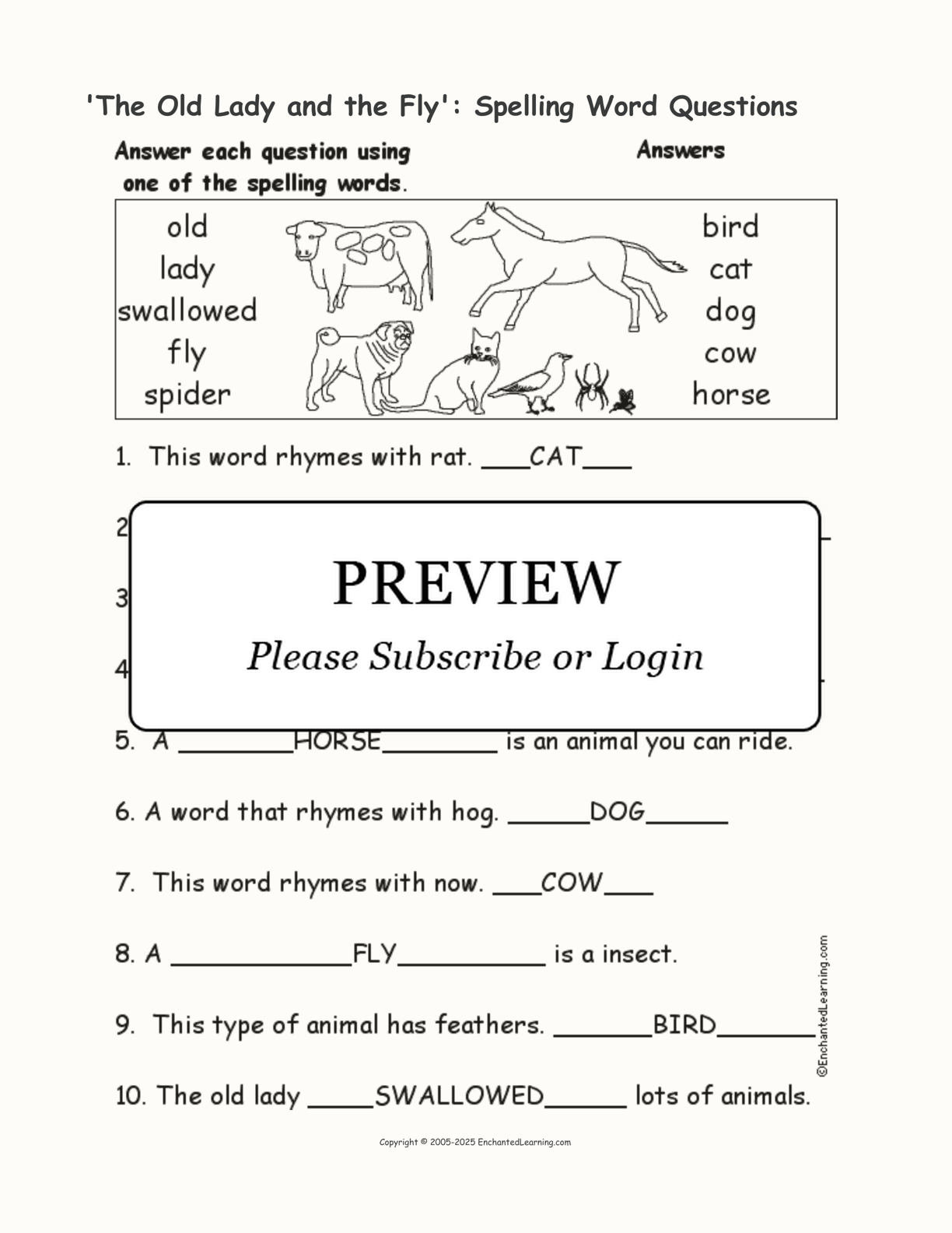 'The Old Lady and the Fly': Spelling Word Questions interactive worksheet page 2