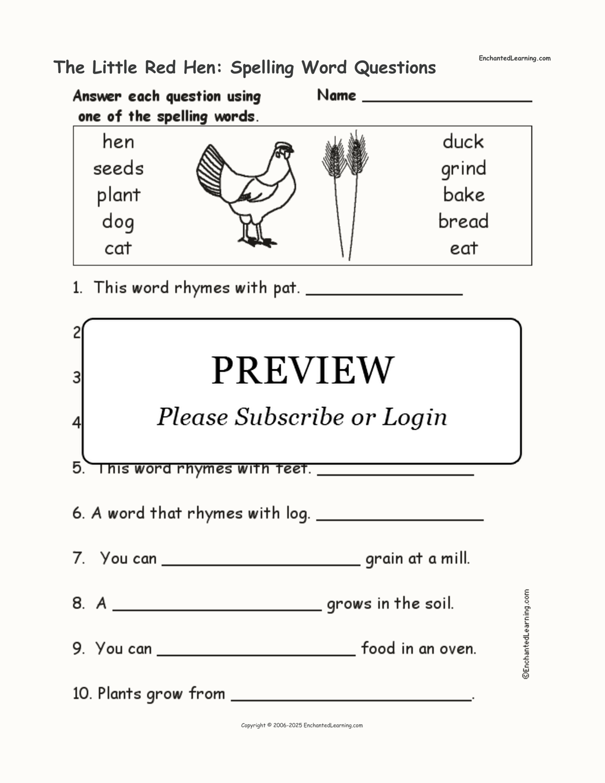 The Little Red Hen: Spelling Word Questions interactive worksheet page 1