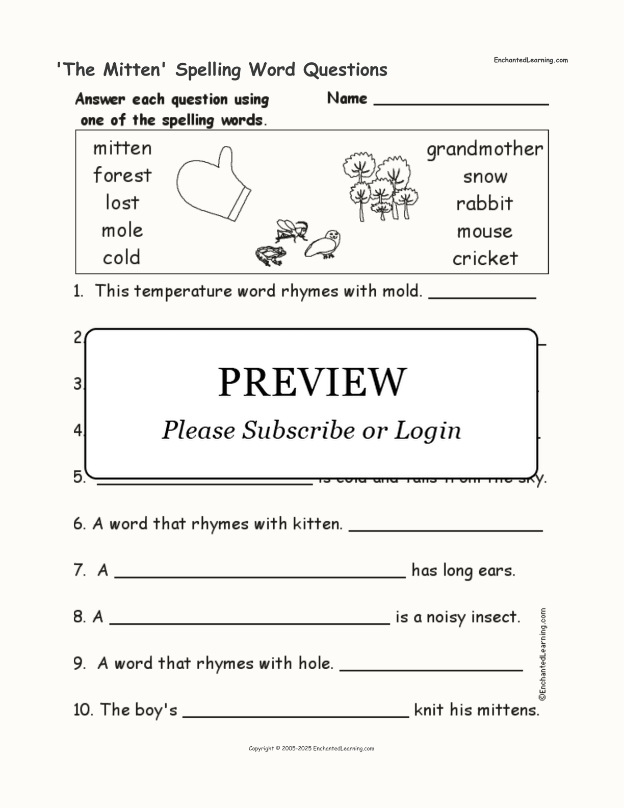 'The Mitten' Spelling Word Questions interactive worksheet page 1