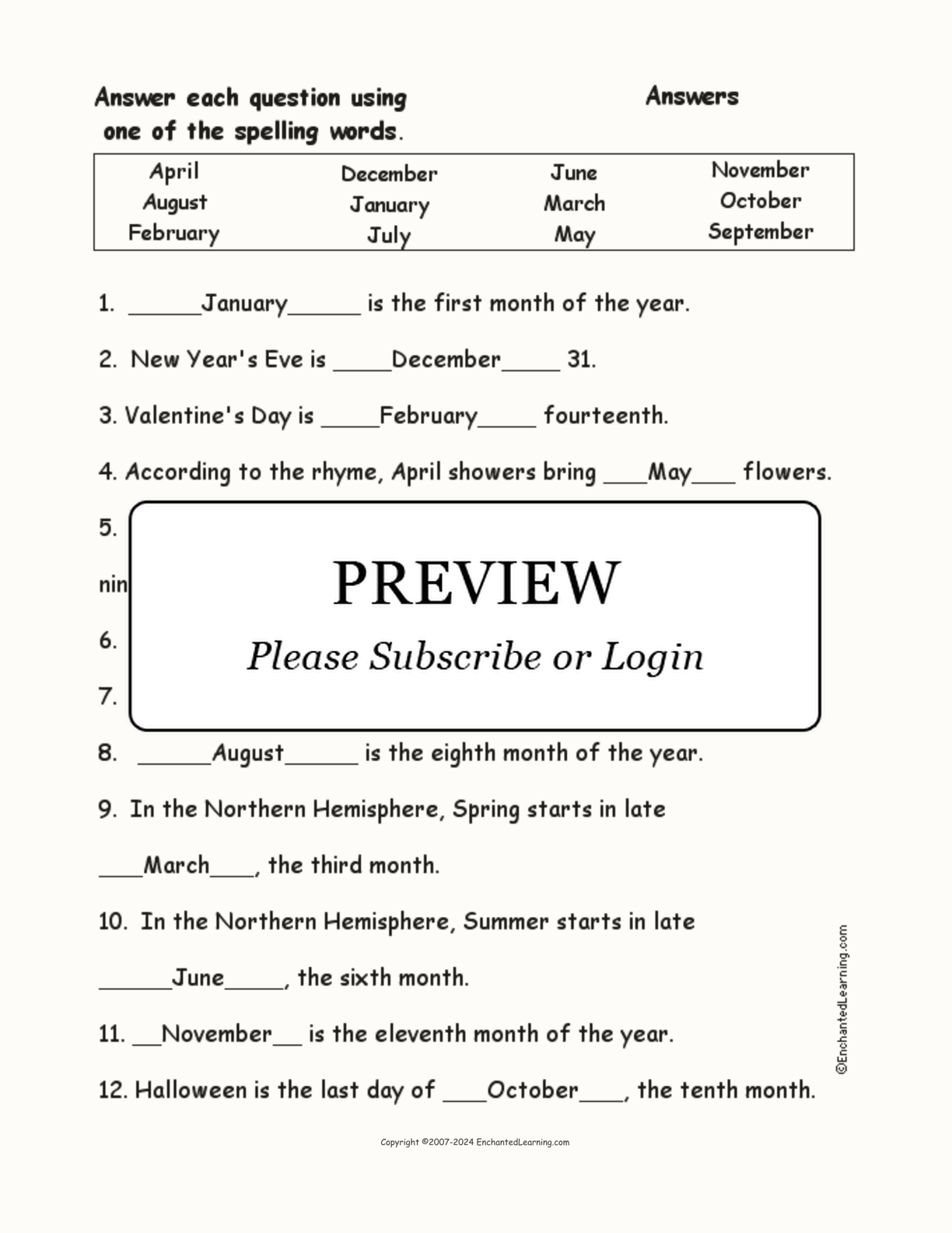 The Months: Spelling Word Questions interactive worksheet page 2