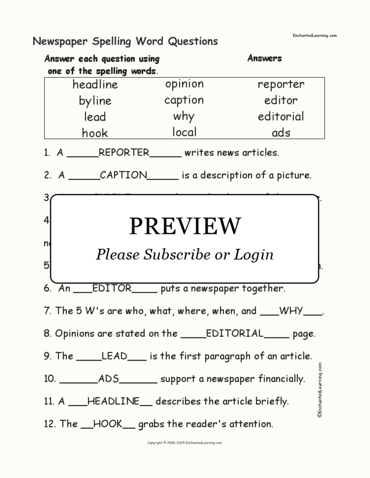 Newspaper Spelling Word Questions interactive worksheet page 2