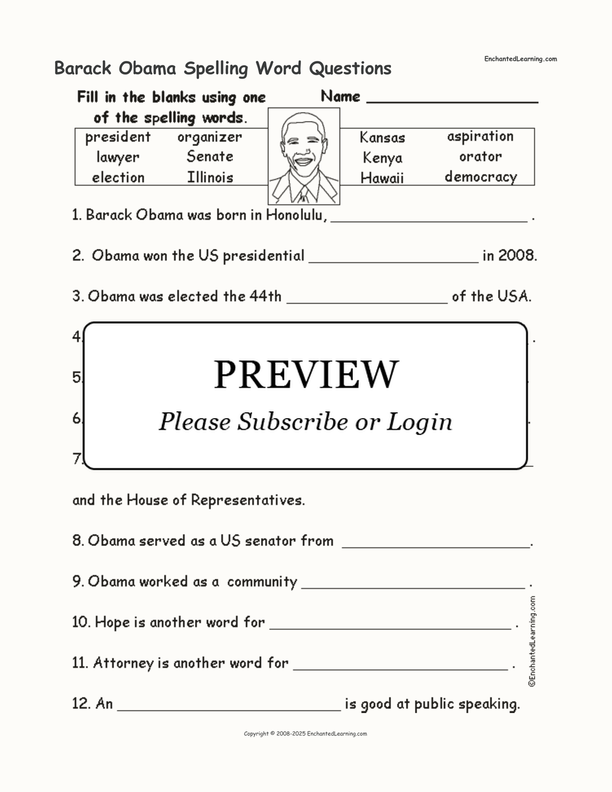 Barack Obama Spelling Word Questions interactive worksheet page 1