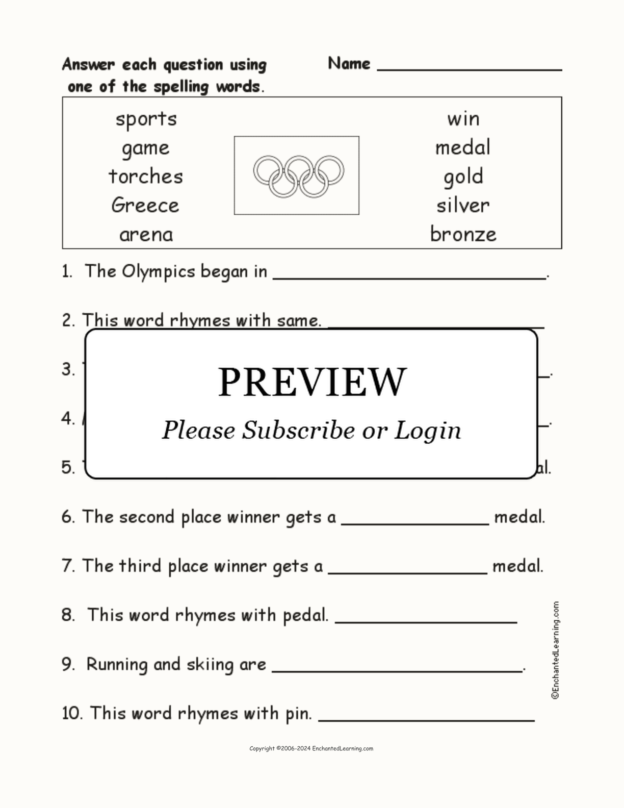 Olympics Spelling Word Questions interactive worksheet page 1