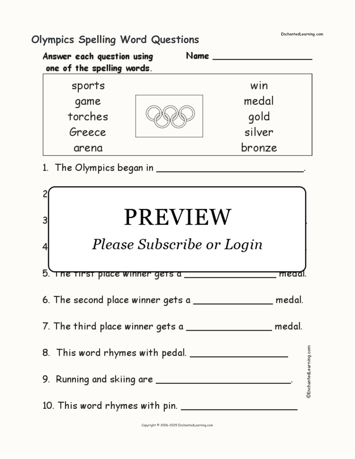 Olympics Spelling Word Questions Enchanted Learning