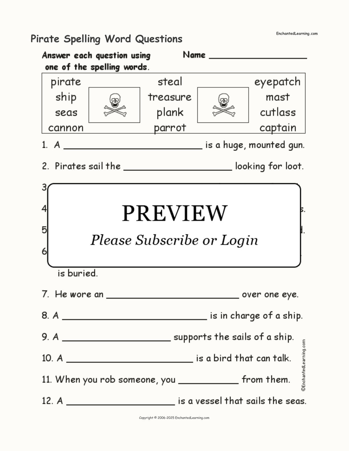 Pirate Spelling Word Questions interactive worksheet page 1