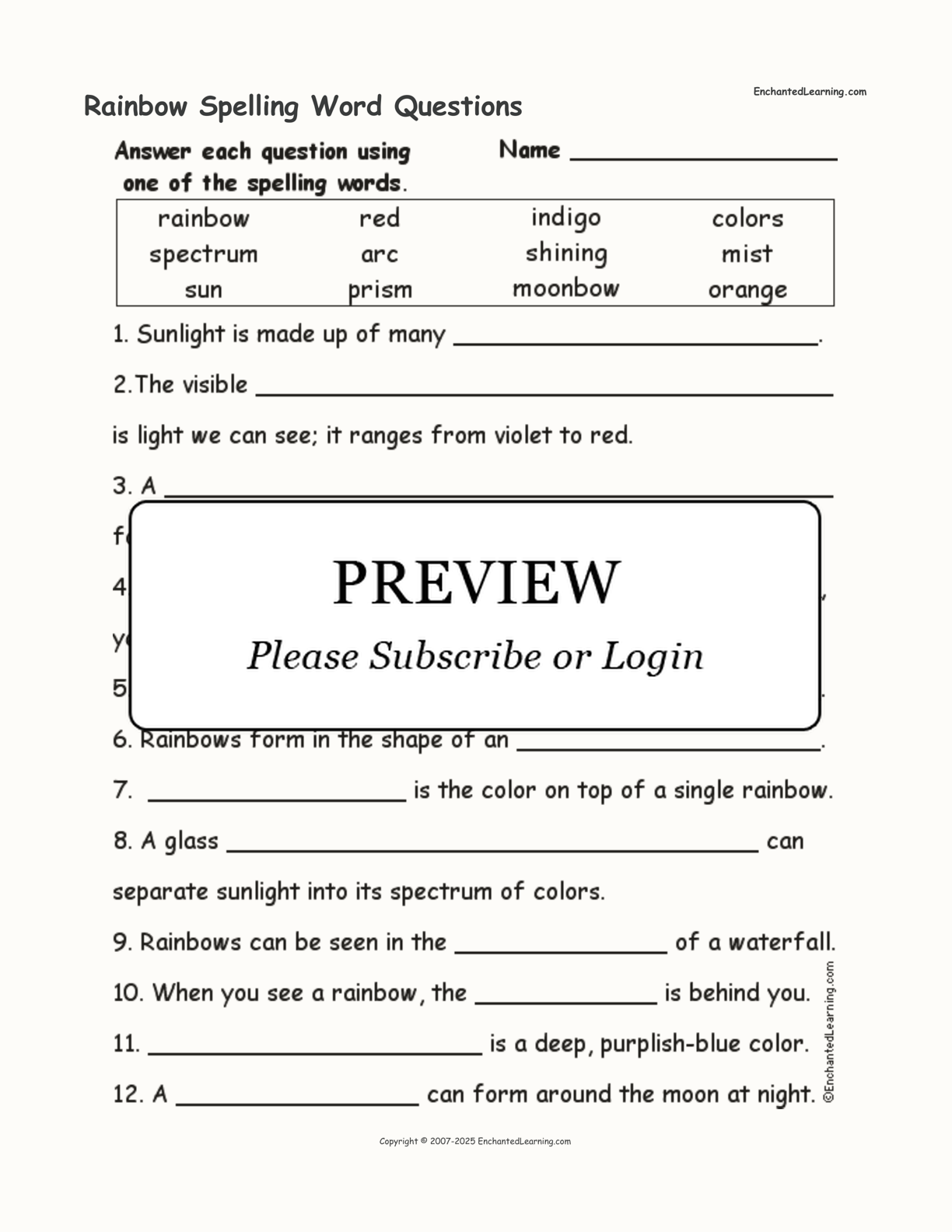 Rainbow Spelling Word Questions interactive worksheet page 1