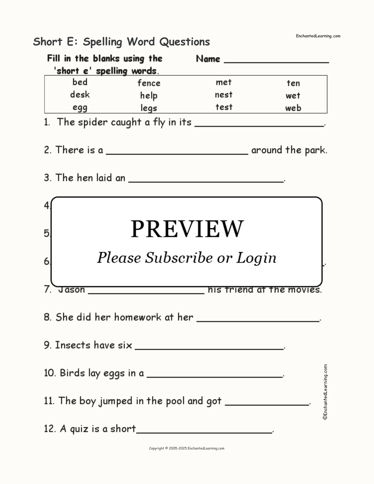 Short E: Spelling Word Questions interactive worksheet page 1