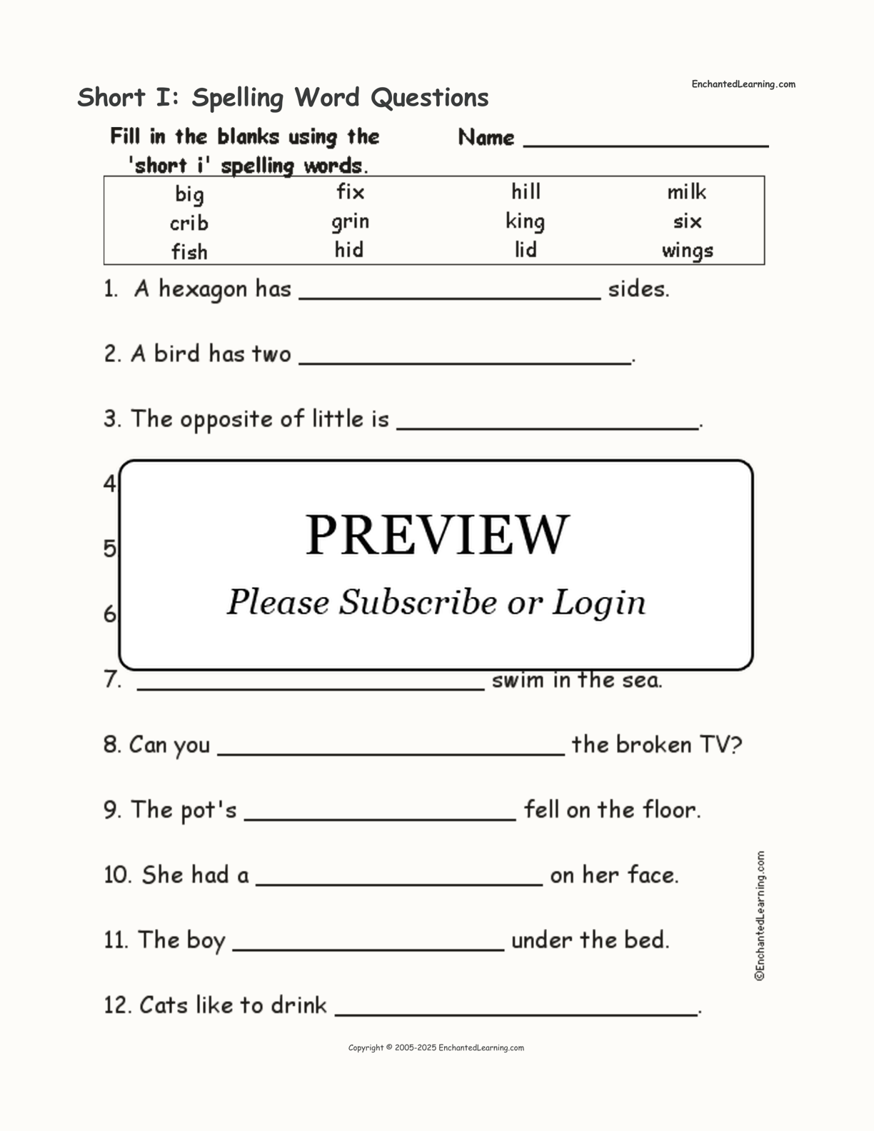 Short I: Spelling Word Questions interactive worksheet page 1