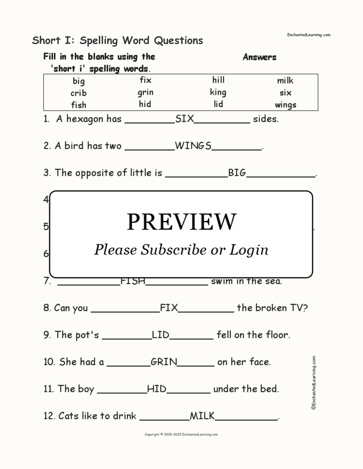 Short I: Spelling Word Questions interactive worksheet page 2