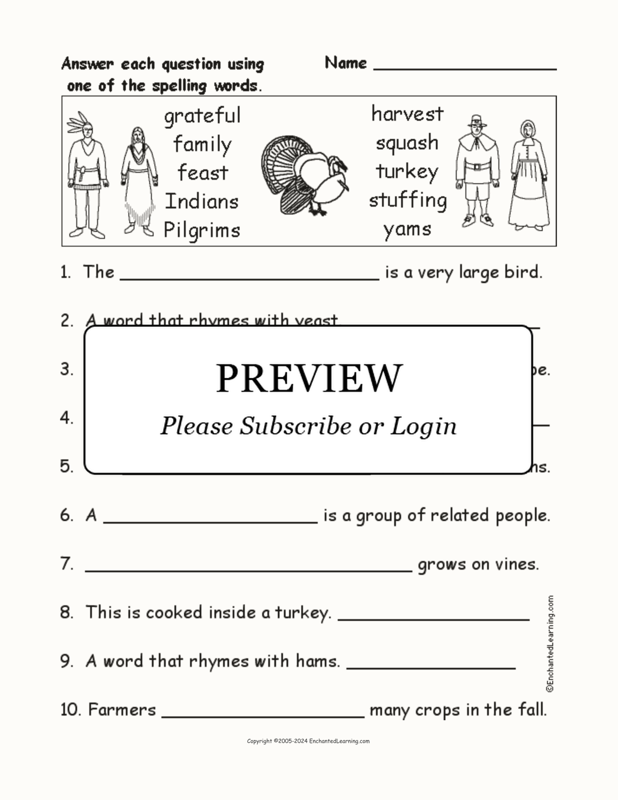 Thanksgiving Spelling Word Questions interactive worksheet page 1
