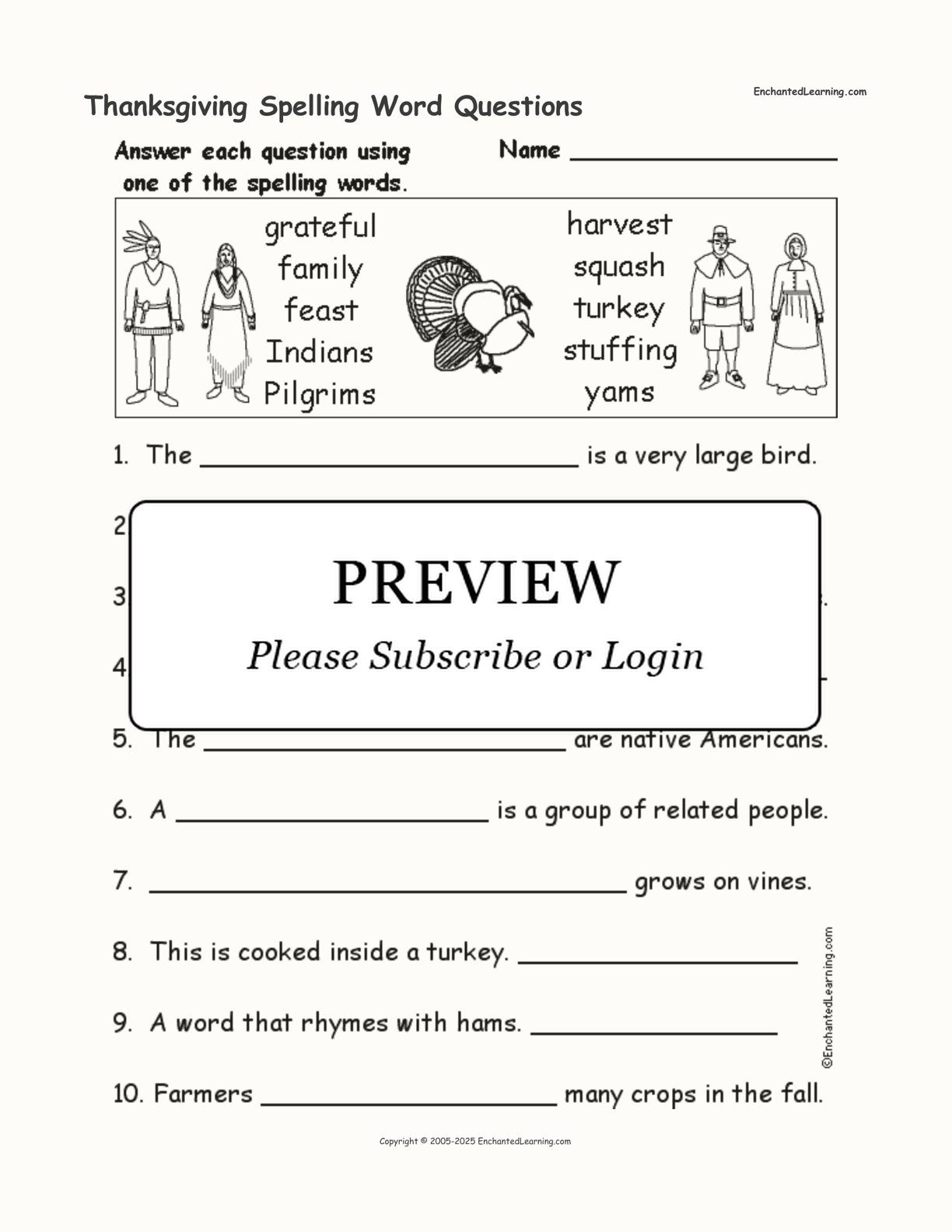 Thanksgiving Spelling Word Questions interactive worksheet page 1