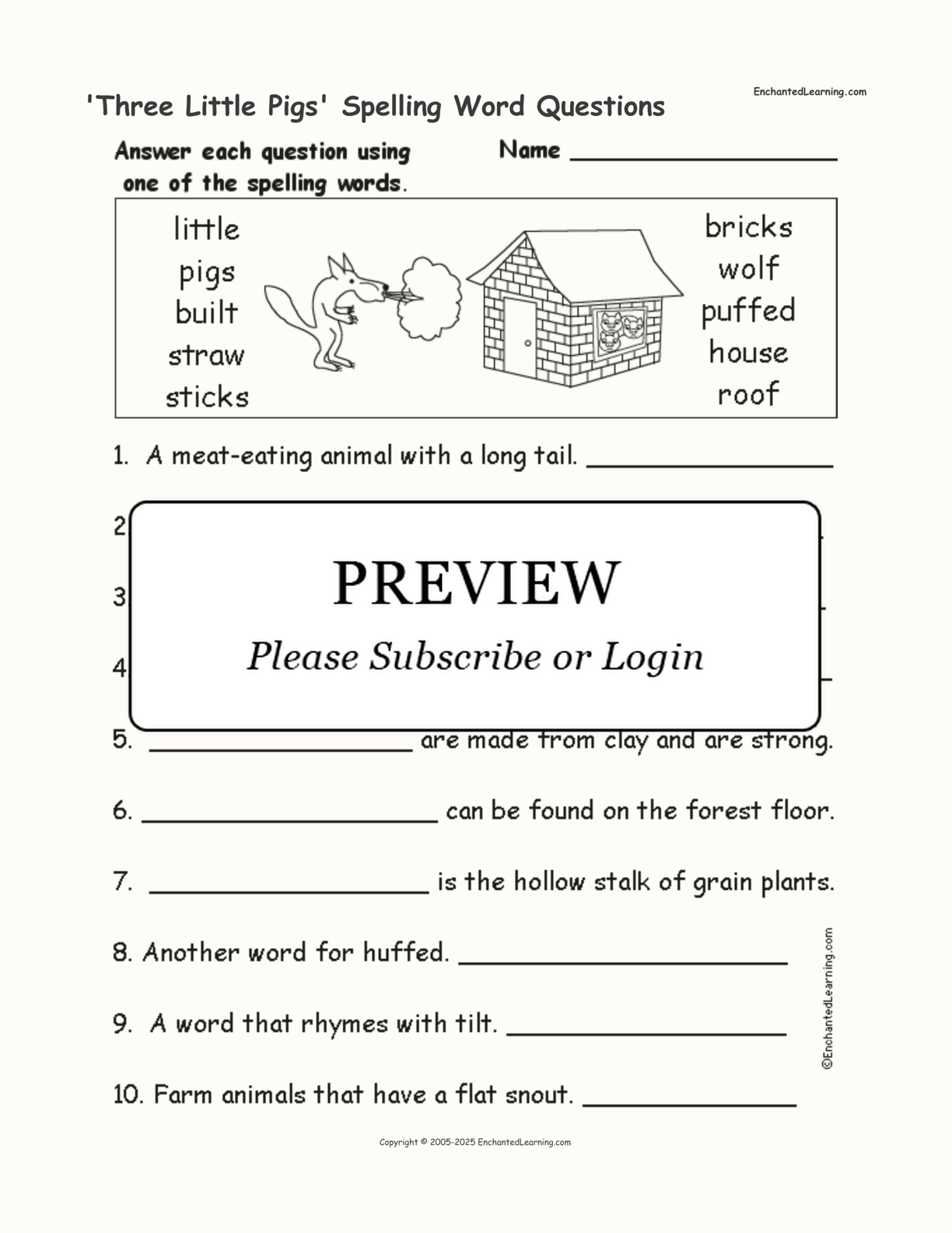 'Three Little Pigs' Spelling Word Questions interactive worksheet page 1