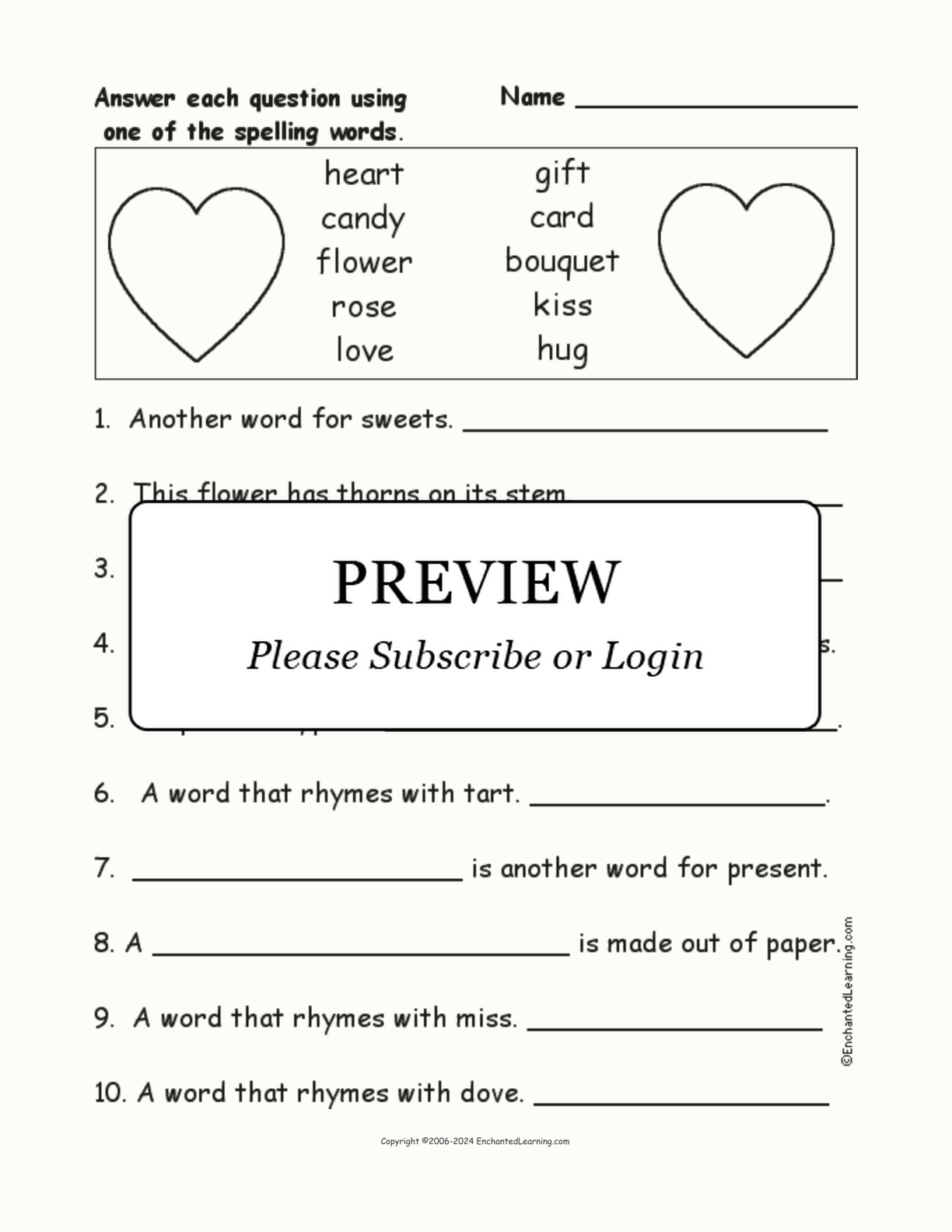 Valentine's Day Spelling Word Questions interactive worksheet page 1
