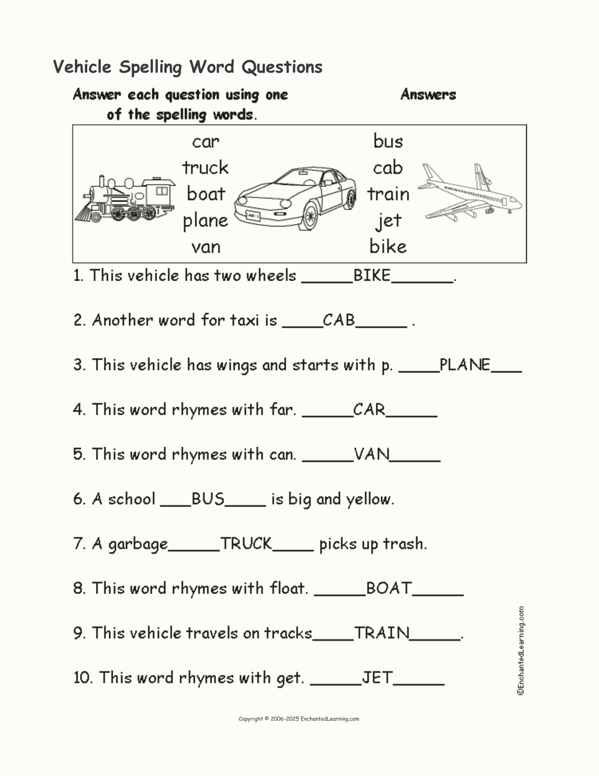 Vehicle Spelling Word Questions interactive worksheet page 2