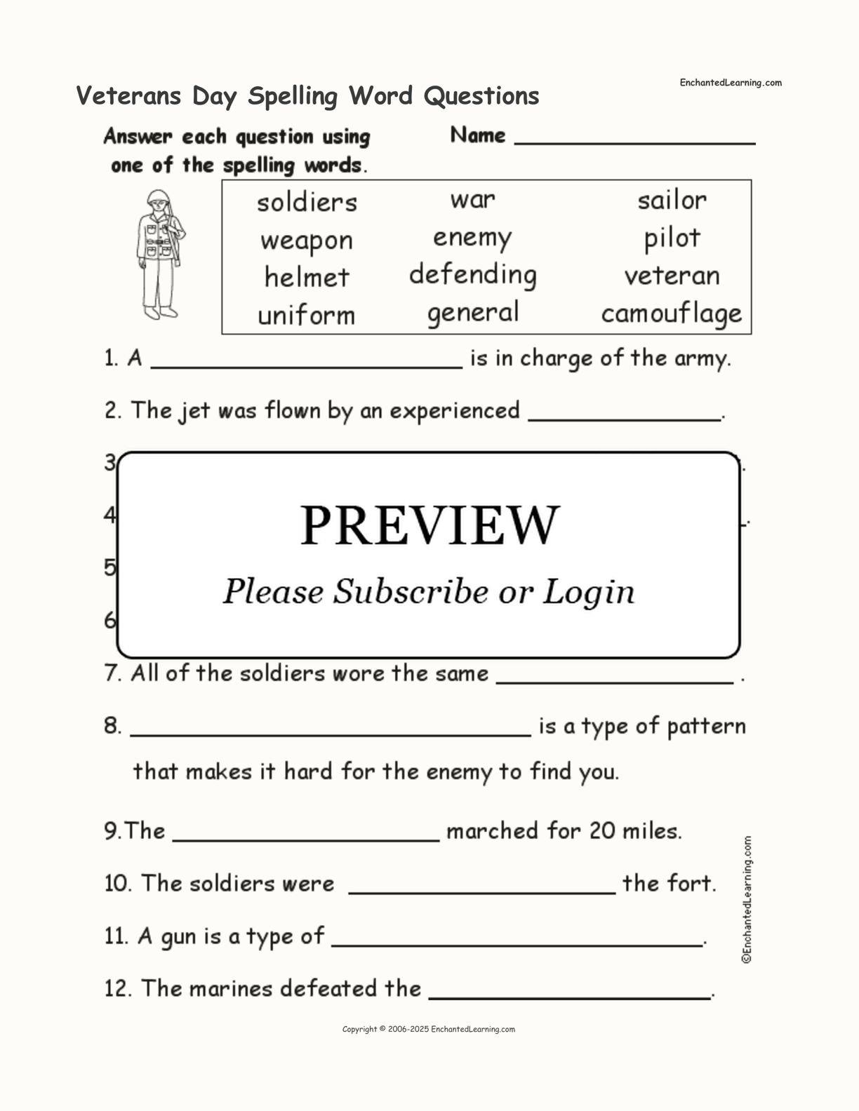 Veterans Day Spelling Word Questions interactive worksheet page 1