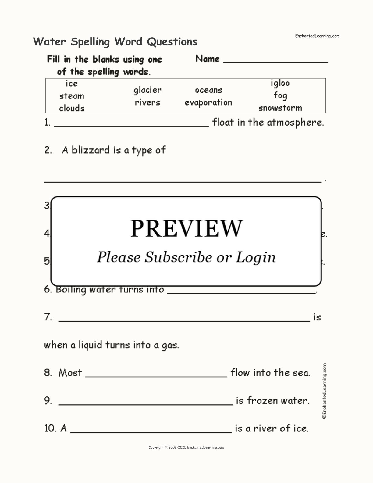 Water Spelling Word Questions interactive worksheet page 1