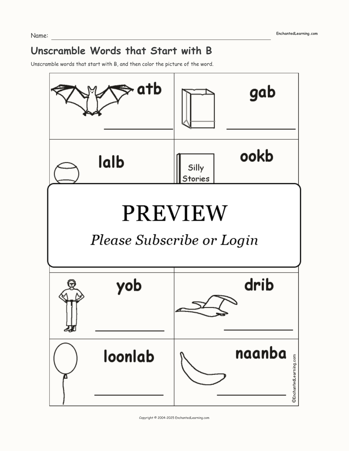 Unscramble Words that Start with B interactive worksheet page 1