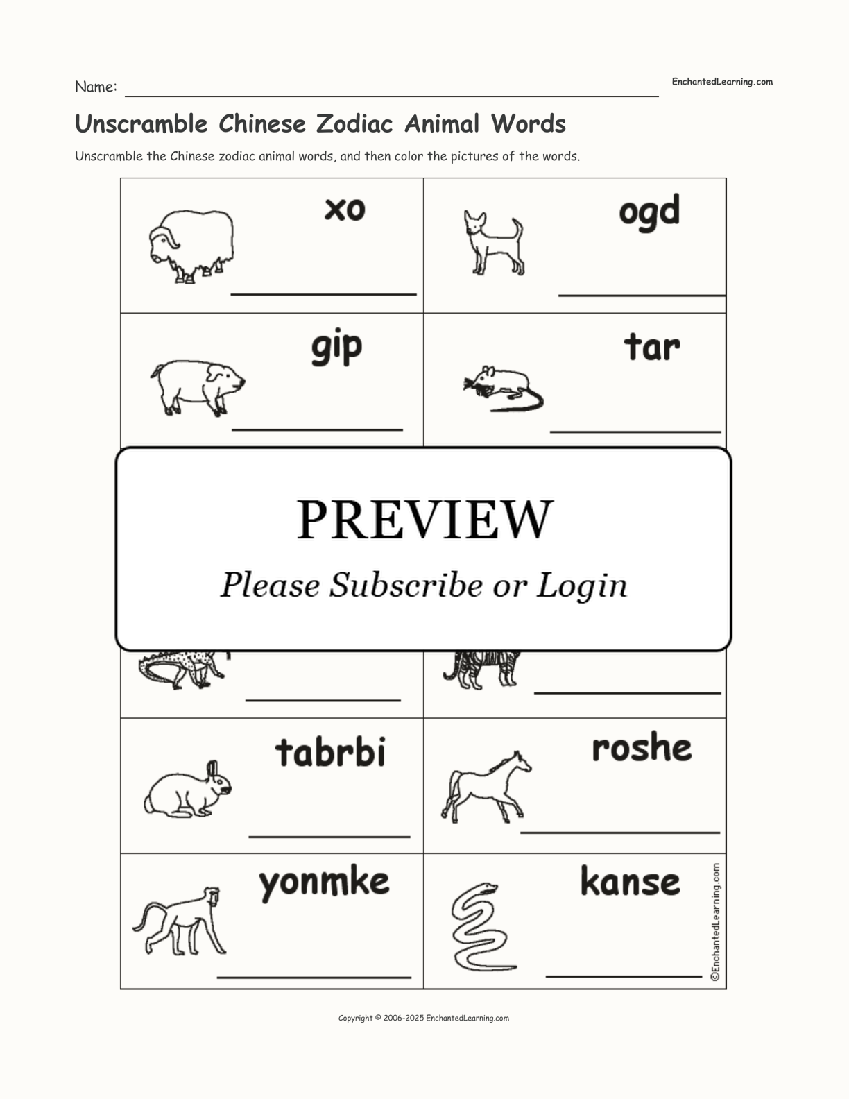 Unscramble Chinese Zodiac Animal Words interactive worksheet page 1