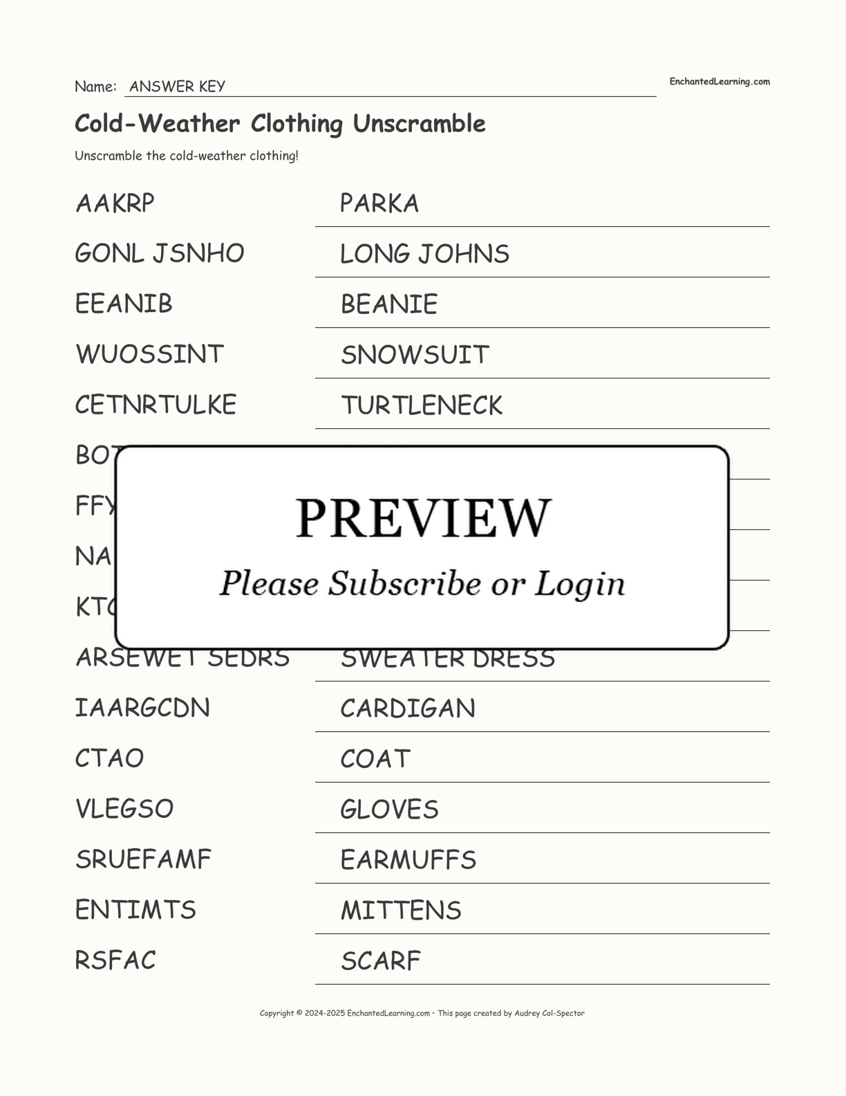 Cold-Weather Clothing Unscramble interactive worksheet page 2