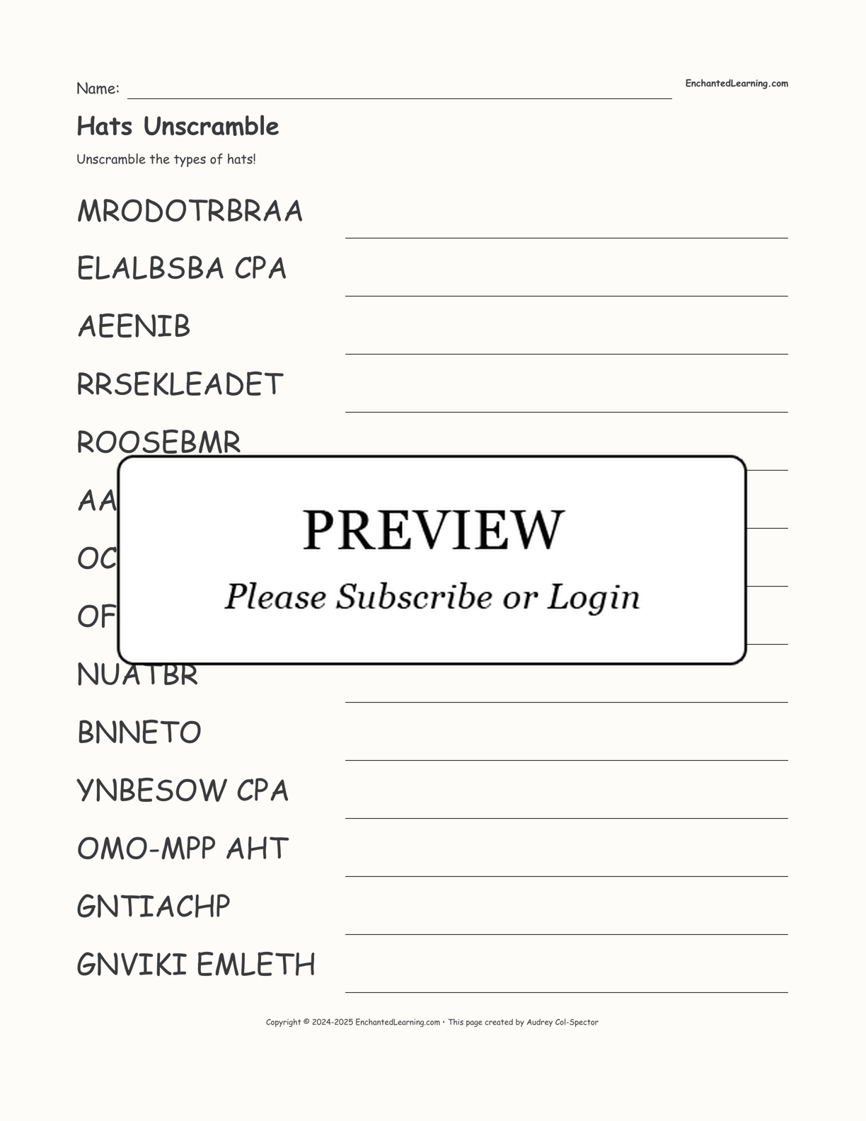 Hats Unscramble interactive worksheet page 1