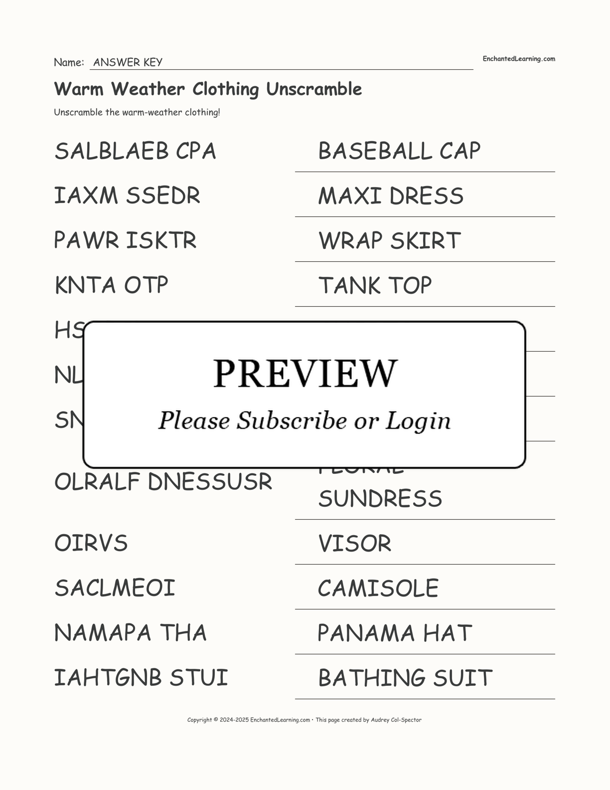 Warm Weather Clothing Unscramble interactive worksheet page 2