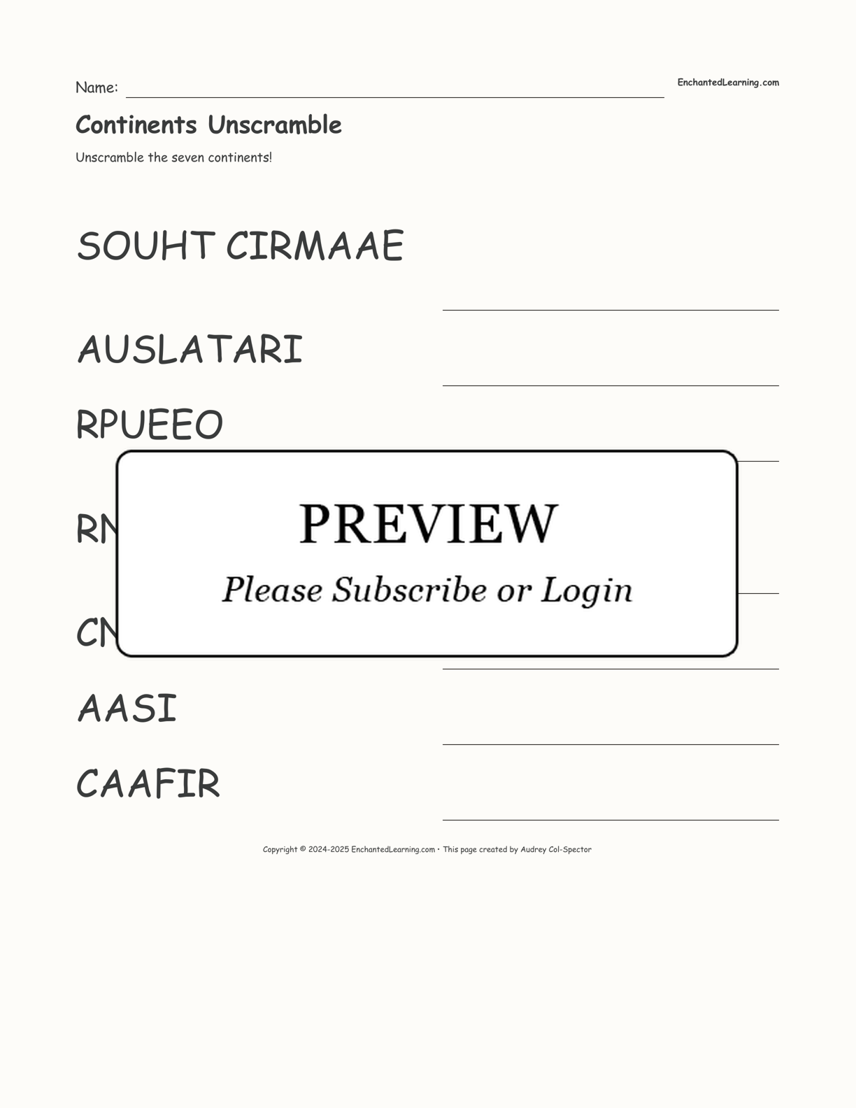 Continents Unscramble interactive worksheet page 1