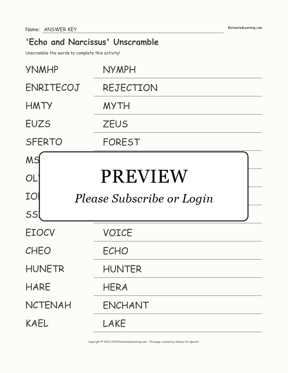 'Echo and Narcissus' Unscramble interactive worksheet page 2