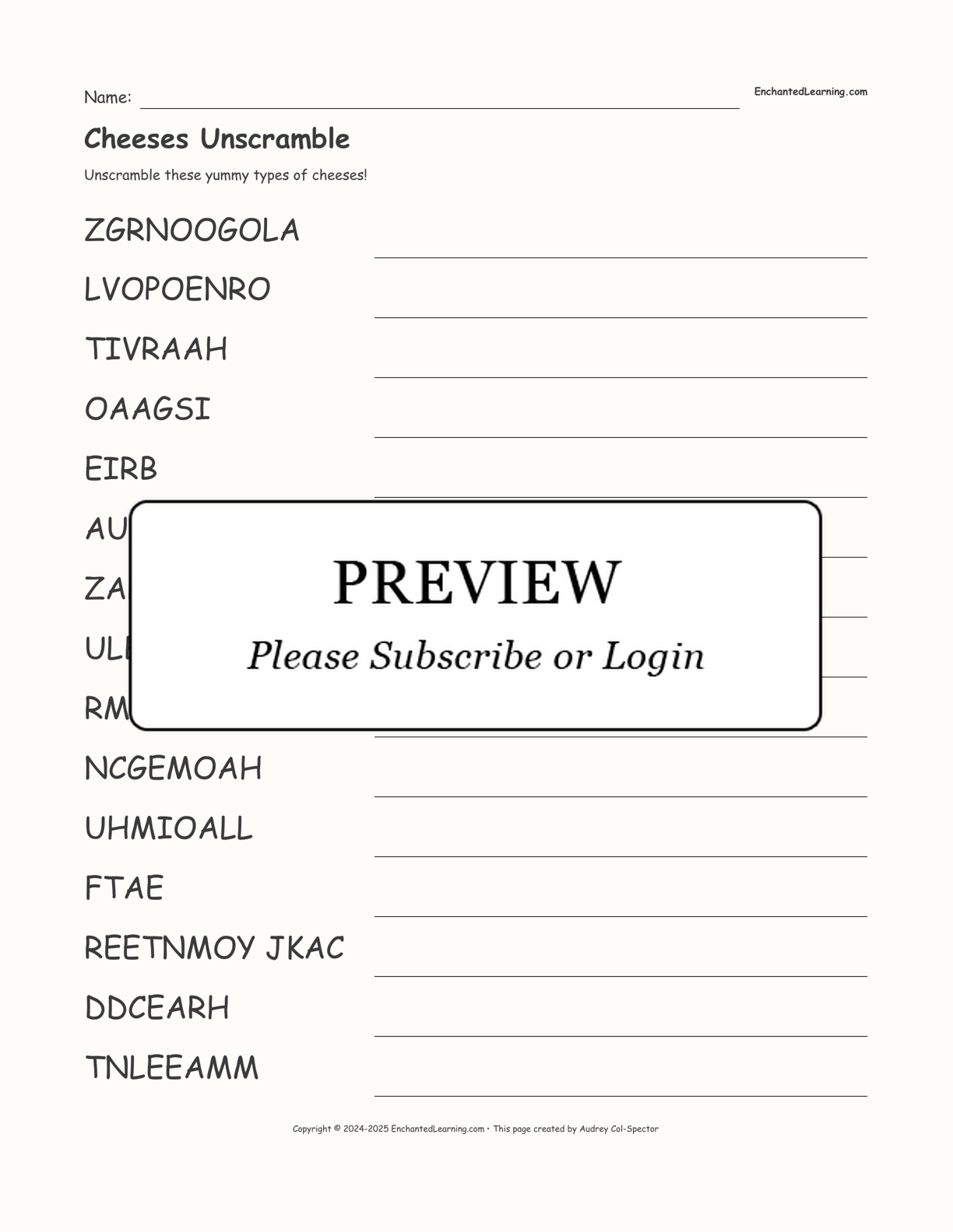 Cheeses Unscramble interactive worksheet page 1