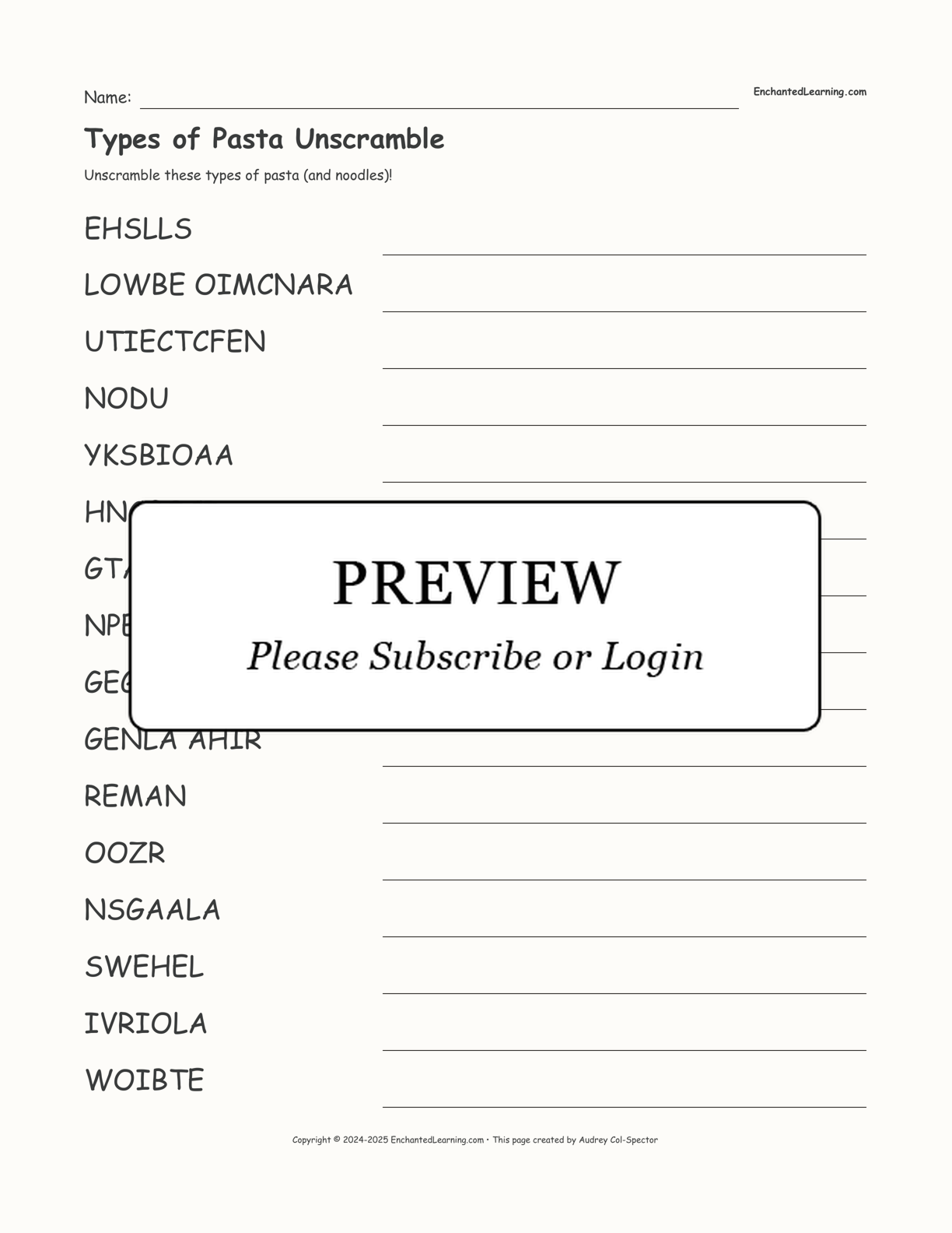 Types of Pasta Unscramble interactive worksheet page 1